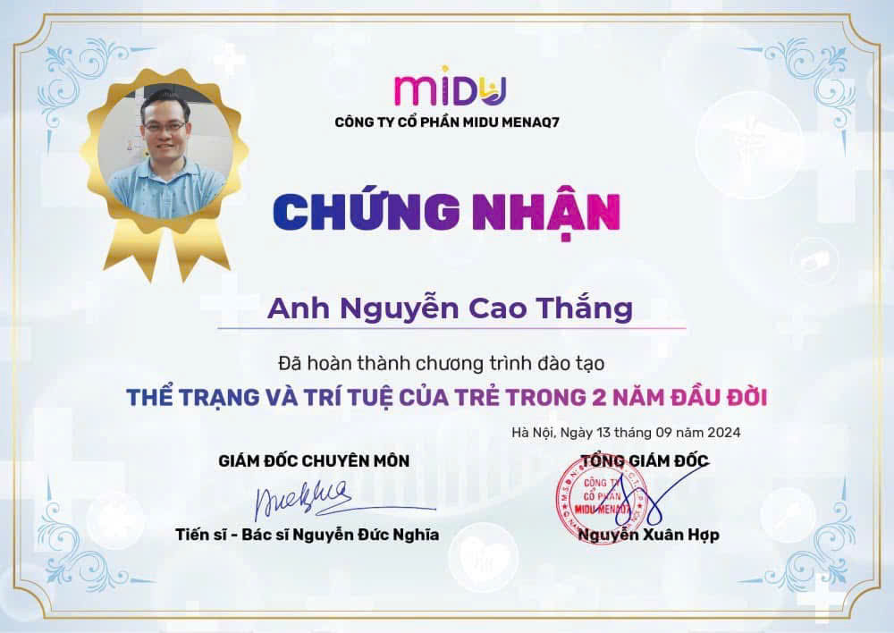 Chứng chỉ Thể trạng và trí tuệ của trẻ trong 2 năm đầu đời - Midu MenaQ7