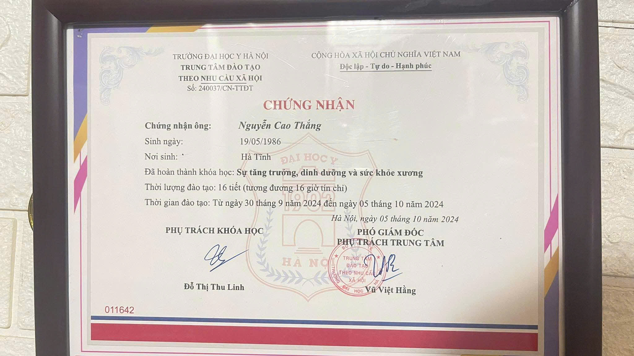 Chứng chỉ Đại học Y Hà Nội - Sự tăng trưởng, dinh dưỡng và sức khỏe xương